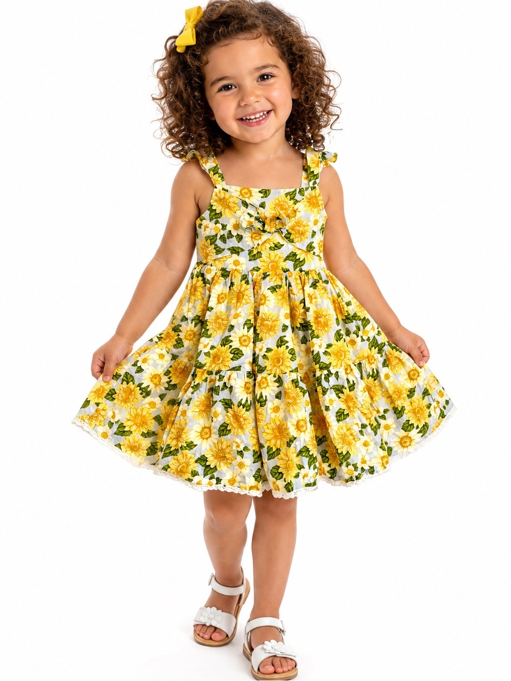Tahari 3T Sunflower Smocked Tiered Ruffle Dress lace cottagecore cotton floral